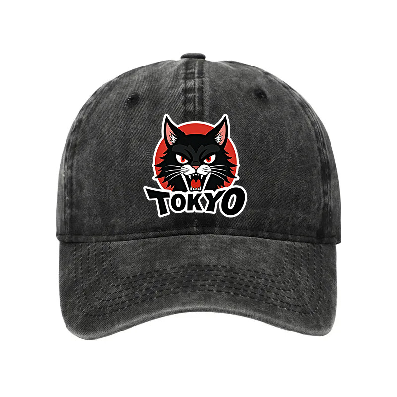 Black Cat Logo Washed Hat Animal Themed Vintage Baseball Cap Unique Gifts For Animal Lovers