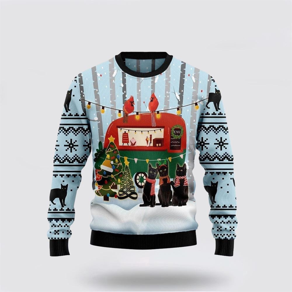Black Cat Love Camping Ugly Christmas Sweater Unisex Funny Christmas Sweater