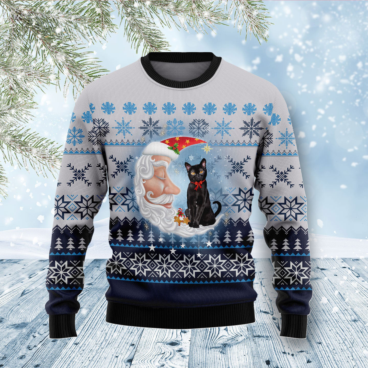 Black Cat Love Santa Moon Ugly Christmas Sweater Christmas Clothing Xmas Cat Lover Xmas Gifts