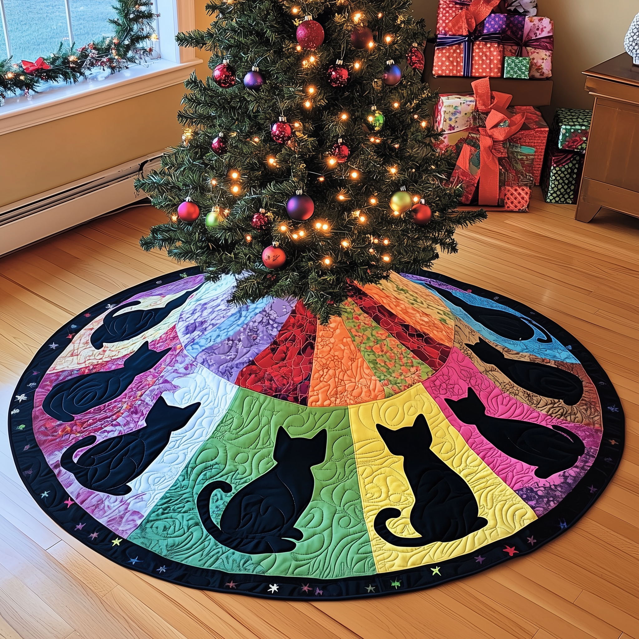Black Cat Lover Christmas Tree Skirt Quilted Colorful Holiday Decor Gift for Pet-Friendly Homes
