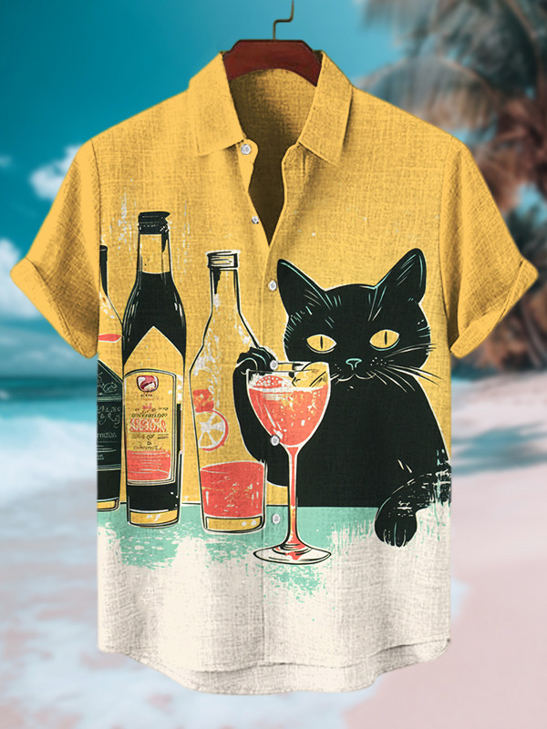 Black Cat Loves Cocktails Print Hawaiian Shirt Best Gifts For Boyfriend