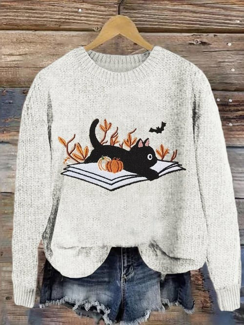 Black Cat Lying On Book Sweater Cute Kitty Clothing Holiday Gift Ideas For Cat Lovers