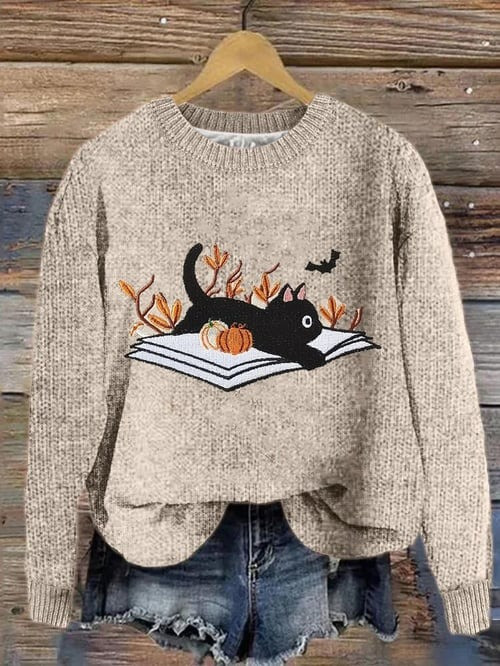 Black Cat Lying On Book Sweater Cute Kitty Clothing Holiday Gift Ideas For Cat Lovers