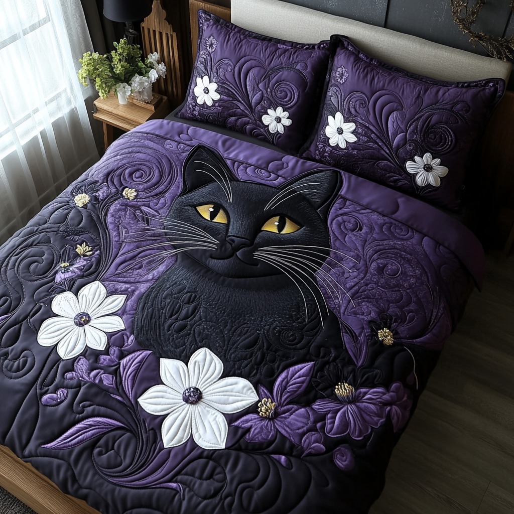 Black Cat Magic Quilted Bedding Set Cool Bedroom Decor Gifts For Cat Moms
