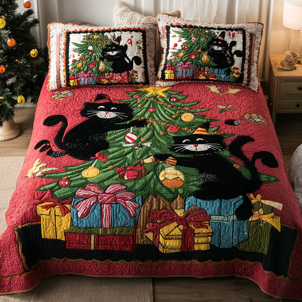 Black Cat Magic Quilted Bedding Set Holiday Duvet Covers Black Cat Gifts For Her