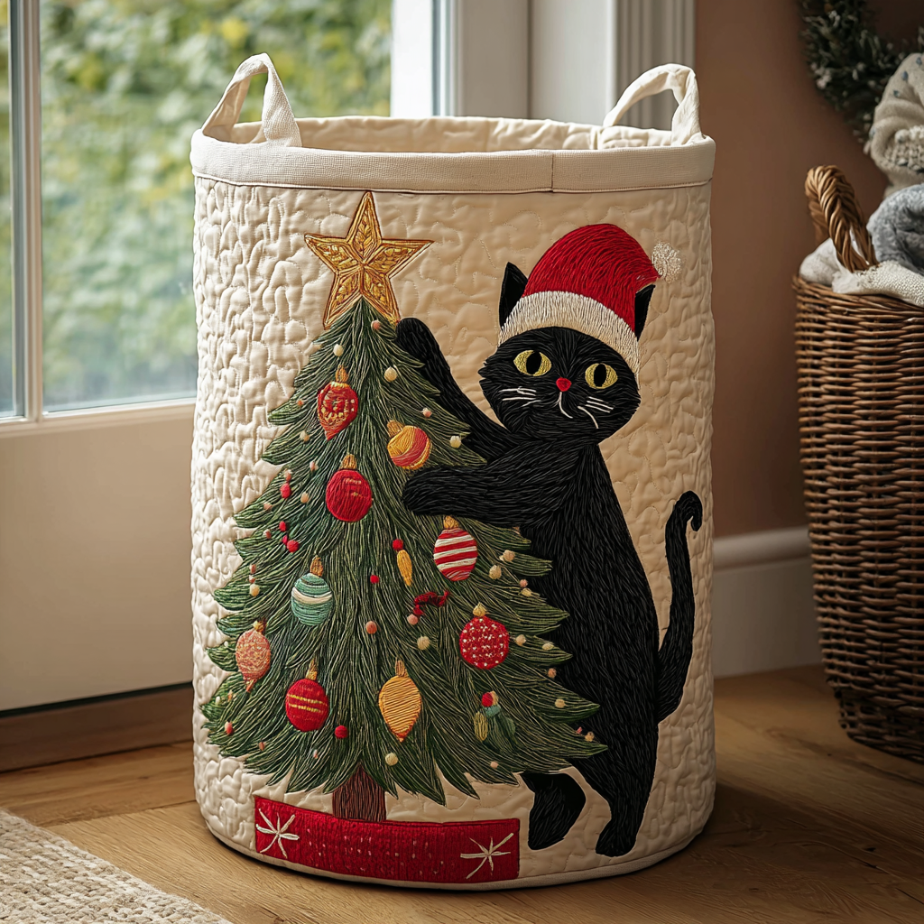 Black Cat Magic Quilted Laundry Basket Christmas Merch Gift