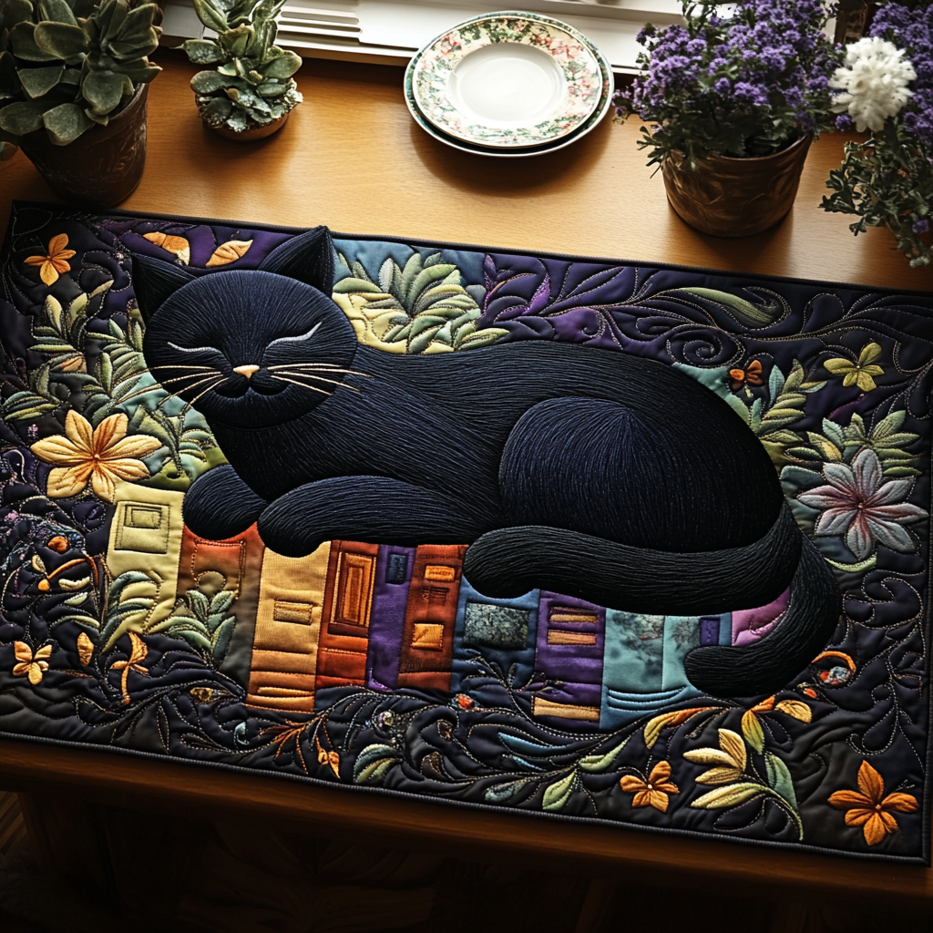 Black Cat Magic Quilted Table Runner Dining Table Decor Gifts For Black Cat Lovers