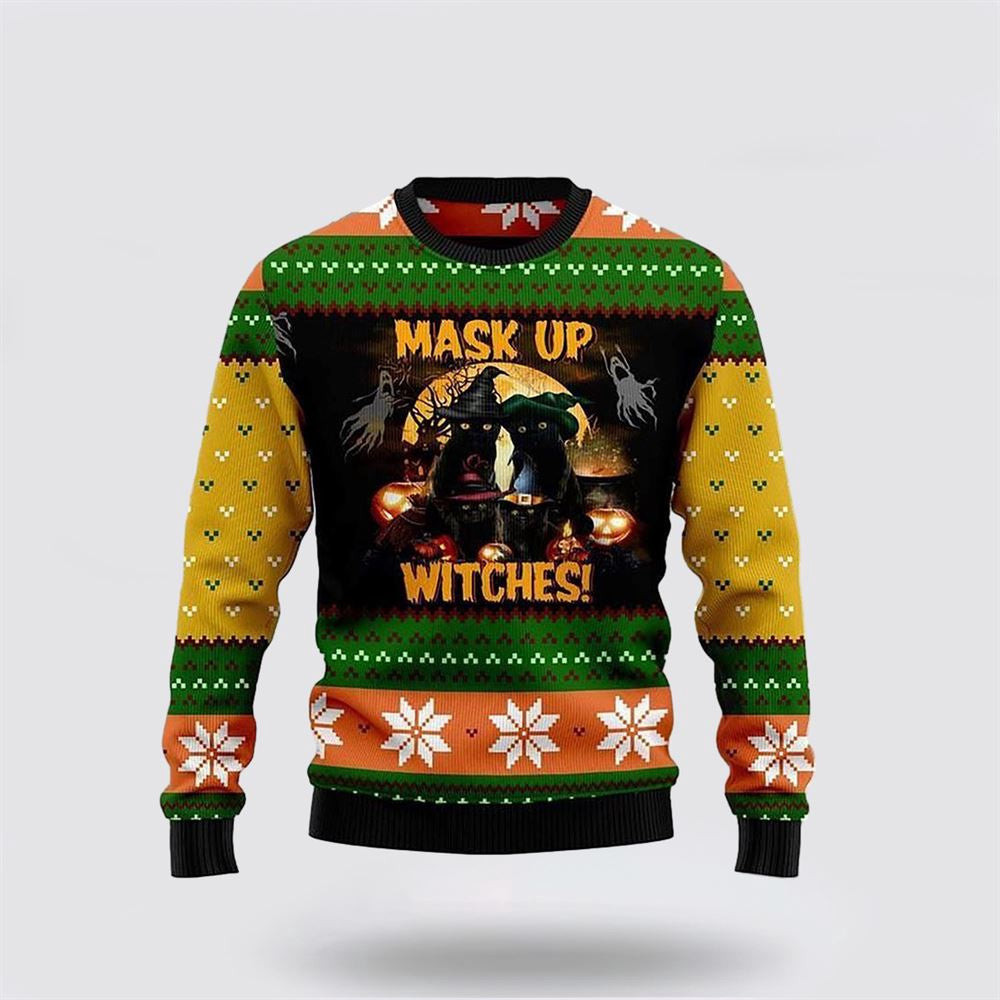 Black Cat Mask Up Witches Ugly Christmas Sweater Unisex Funny Christmas Sweater