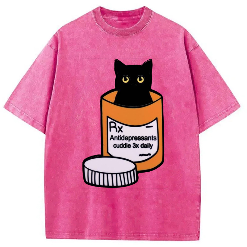 Black Cat Medicine Bottle Washed T-Shirt Classic Graphic Fashion Tee Gifts For Friends