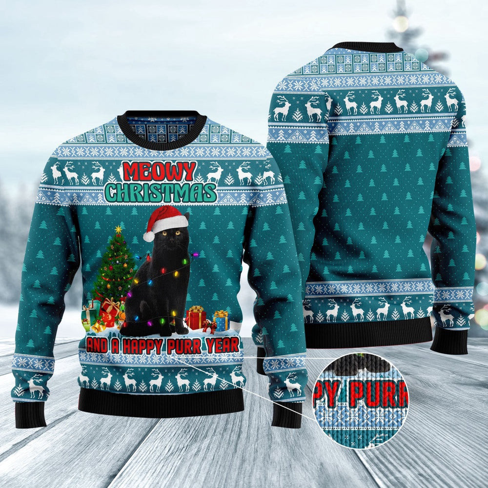 Black Cat Meomy Christmas And A Happy Purr Year Ugly Christmas Sweater Gifts For Couples