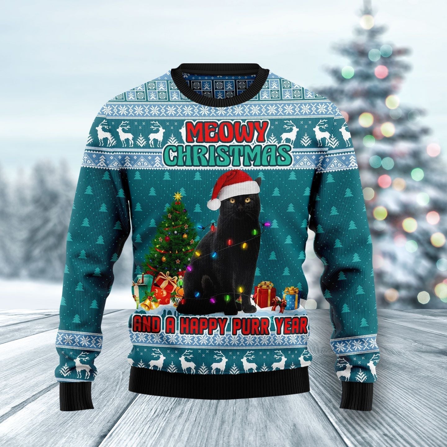 Black Cat Meowy Christmas And A Happy Purr Year Ugly Christmas Sweater Black Cat Gifts
