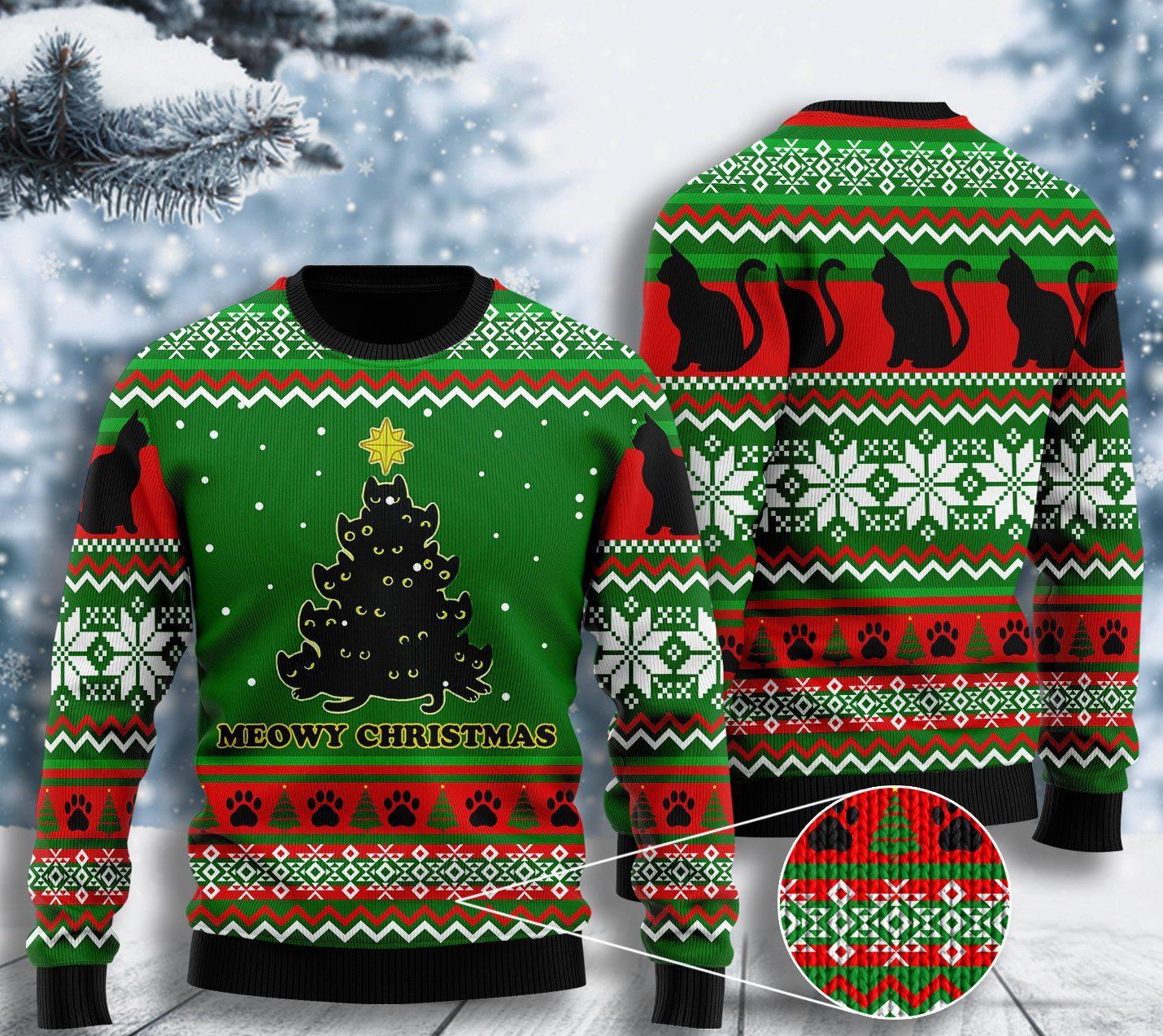 Black Cat Meowy Christmas Tree Ugly Christmas Sweater Cute Clothes Gifts For Black Cat Owners