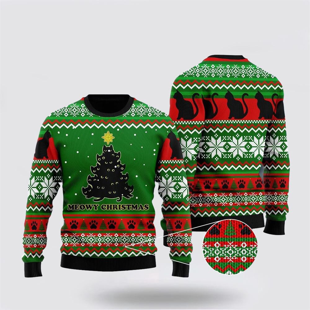 Black Cat Meowy Christmas Tree Ugly Christmas Sweater Unisex Funny Christmas Sweater