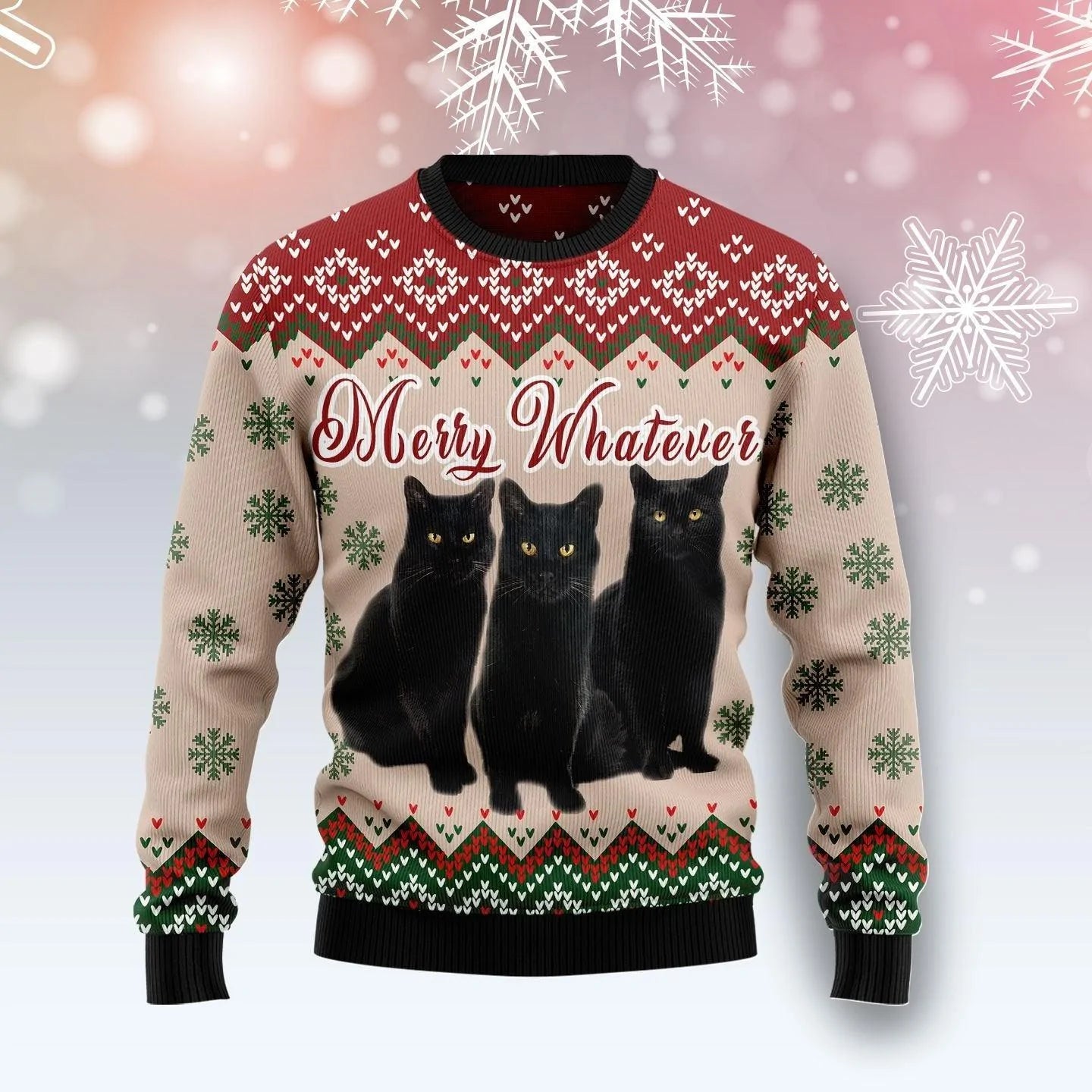 Black Cat Merry Whatever Ugly Christmas Sweater Cute Xmas Holiday Gifts For Cat Lovers