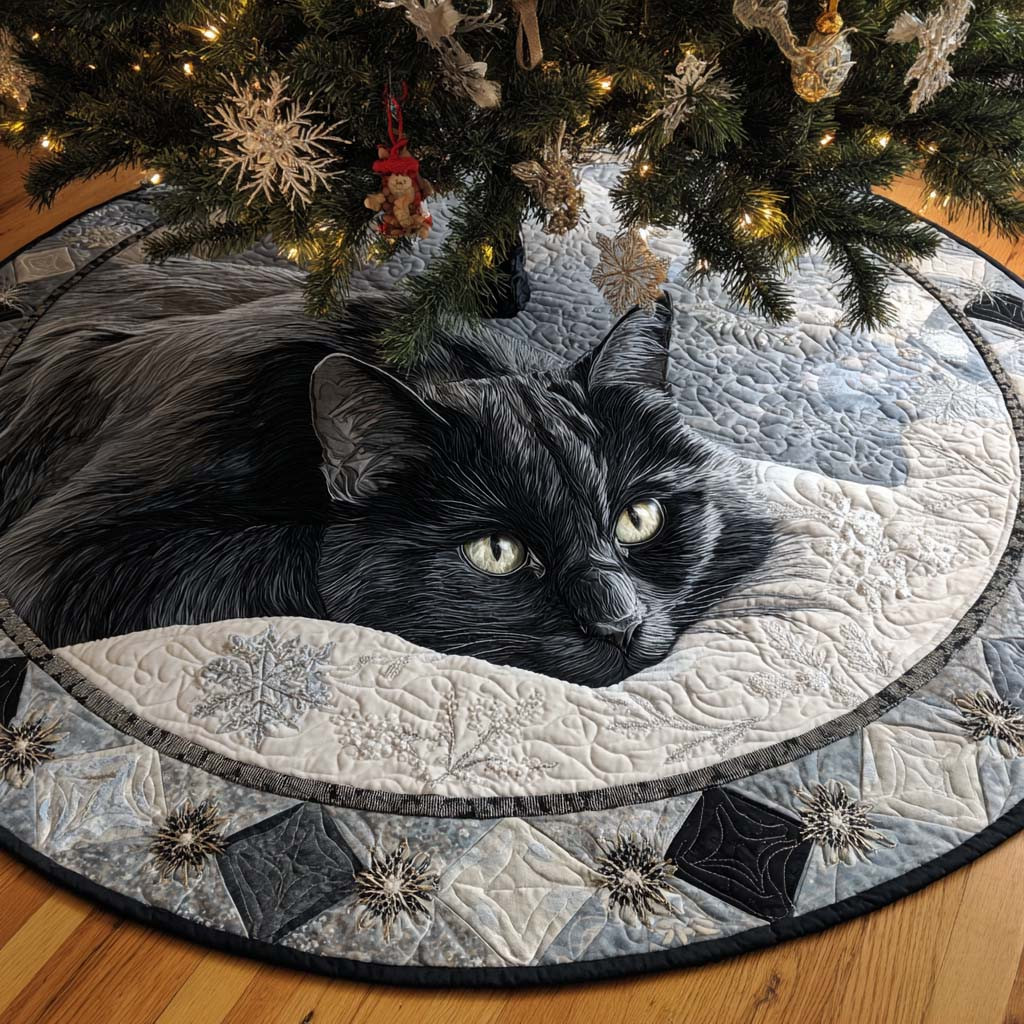 Black Cat Midnight Whisker Quilted Tree Skirt Winter Decor Cat Gifts For Christmas