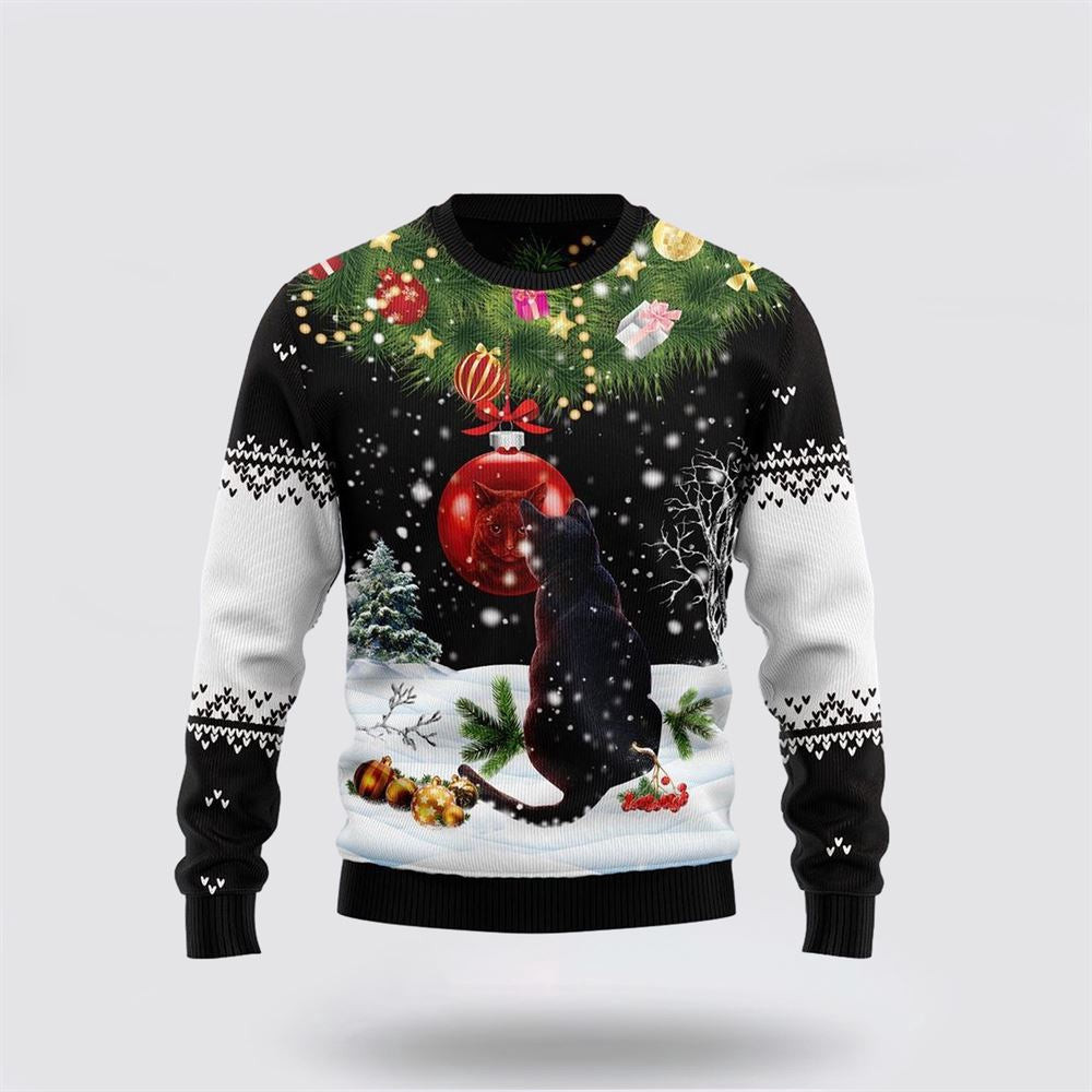 Black Cat Mirror Ugly Christmas Sweater Unisex Funny Christmas Sweater