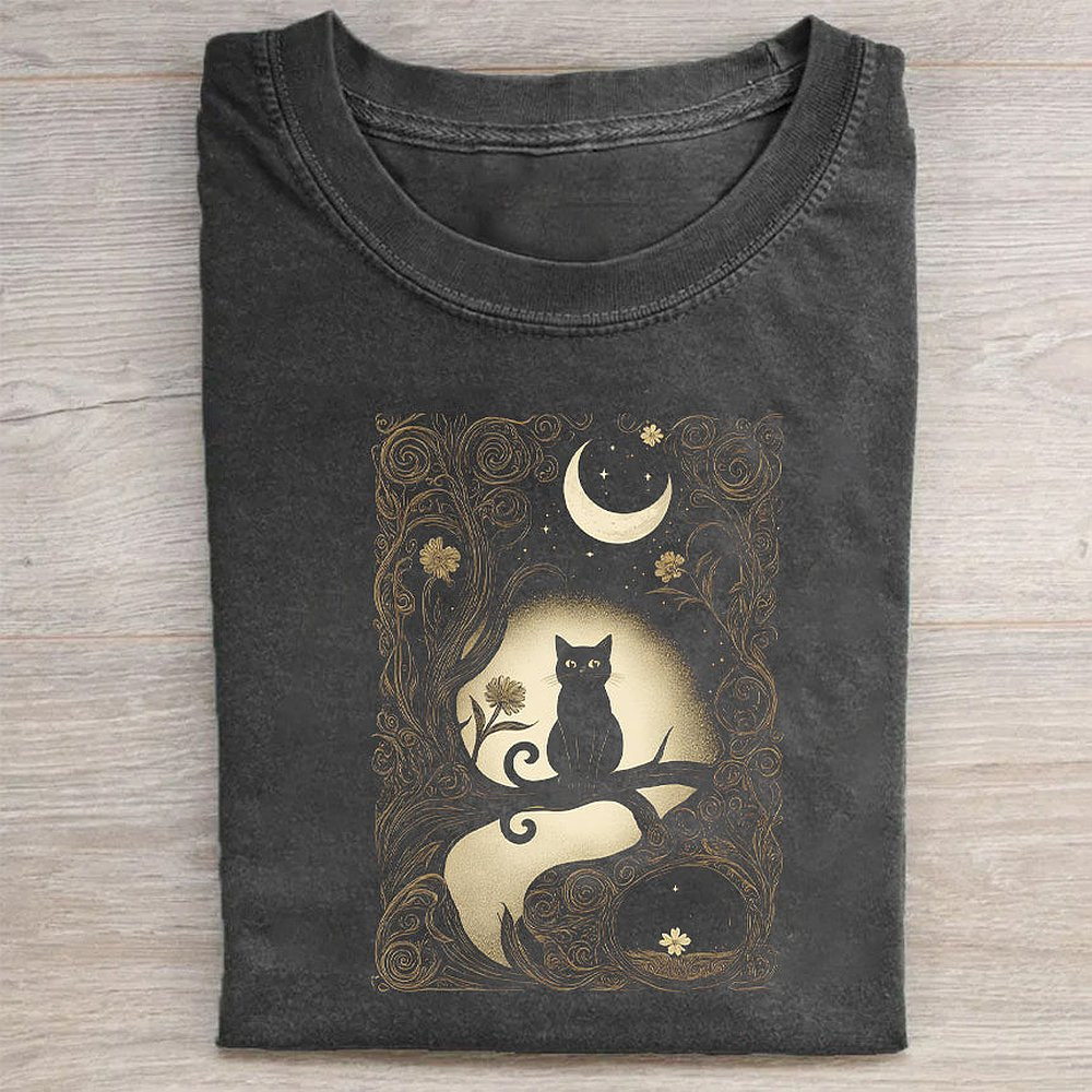Black Cat Moon Night Graphic T-Shirt Aesthetic Cat Lover Tee For Men And Women