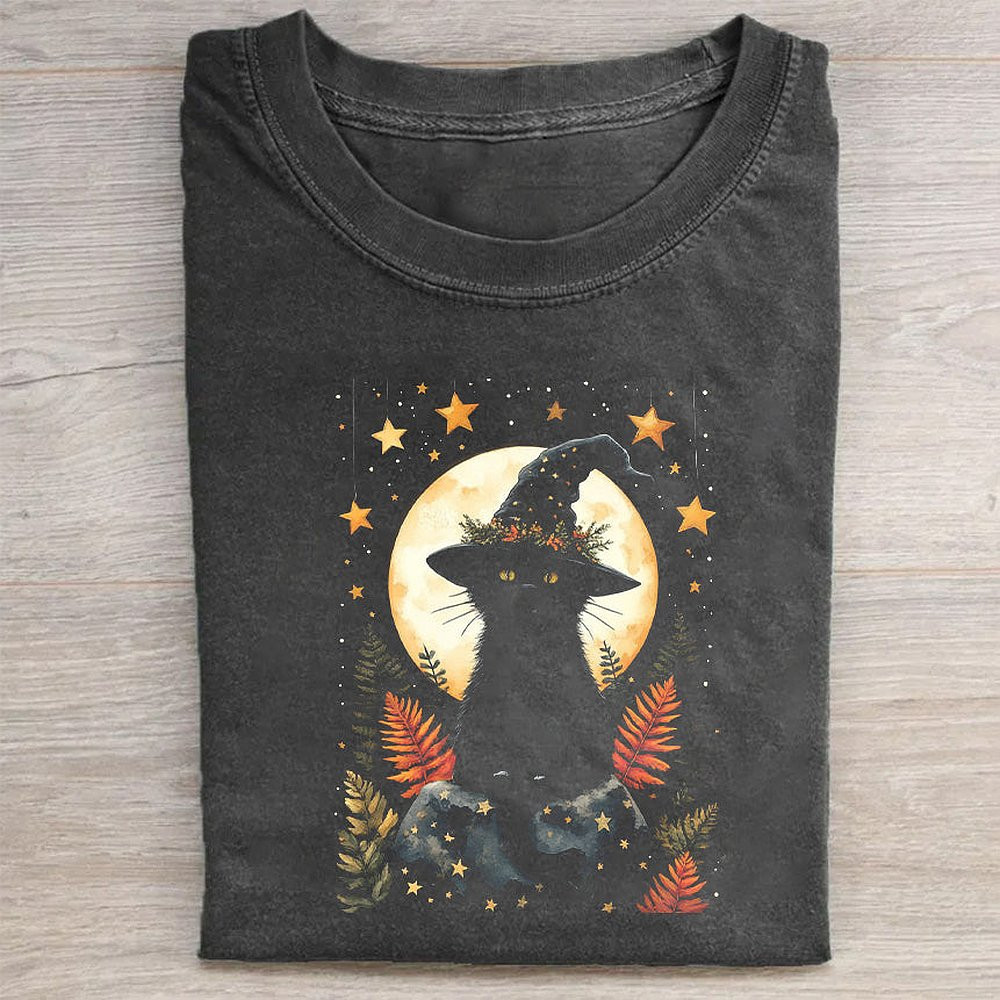 Black Cat Moon Night Sky Graphic T-Shirt Celestial Cat Lover Tee For Women