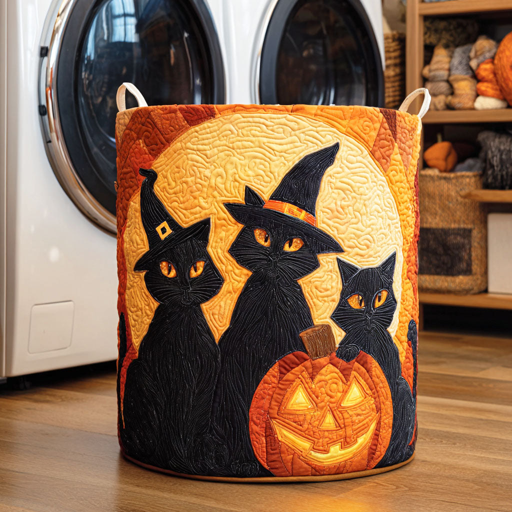 Black Cat Moon Quilted Laundry Basket Halloween Merch Gift