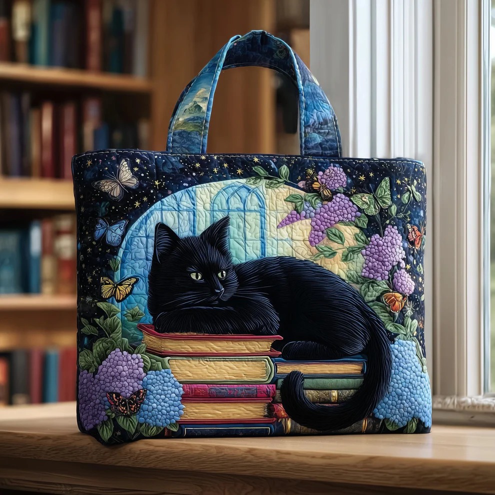 Black Cat Moonlight Books Quilted Tote Bag Mystical Floral Library Book Lover Nature Gift For Her