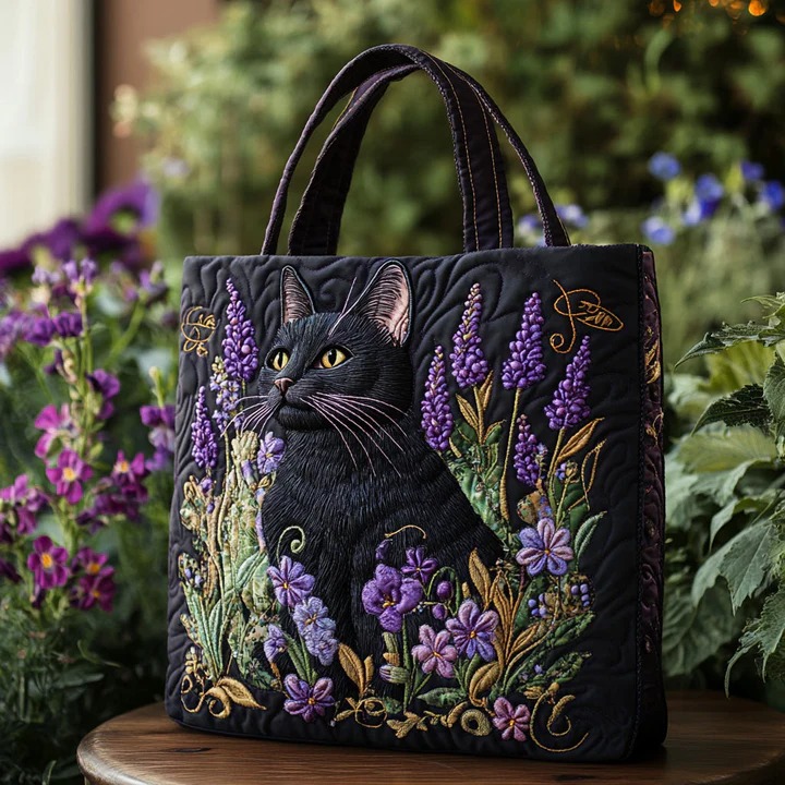Black Cat Moonlit Lavender Flowers Quilted Tote Bag Floral Botanical Cat Mom Lover Gift For Her