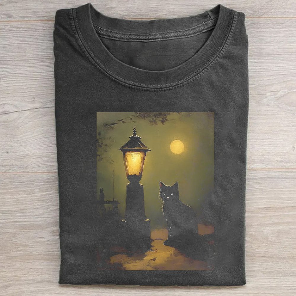 Black Cat Moonlit Night Graphic T-Shirt Fantasy Cat Lover Tee For Women