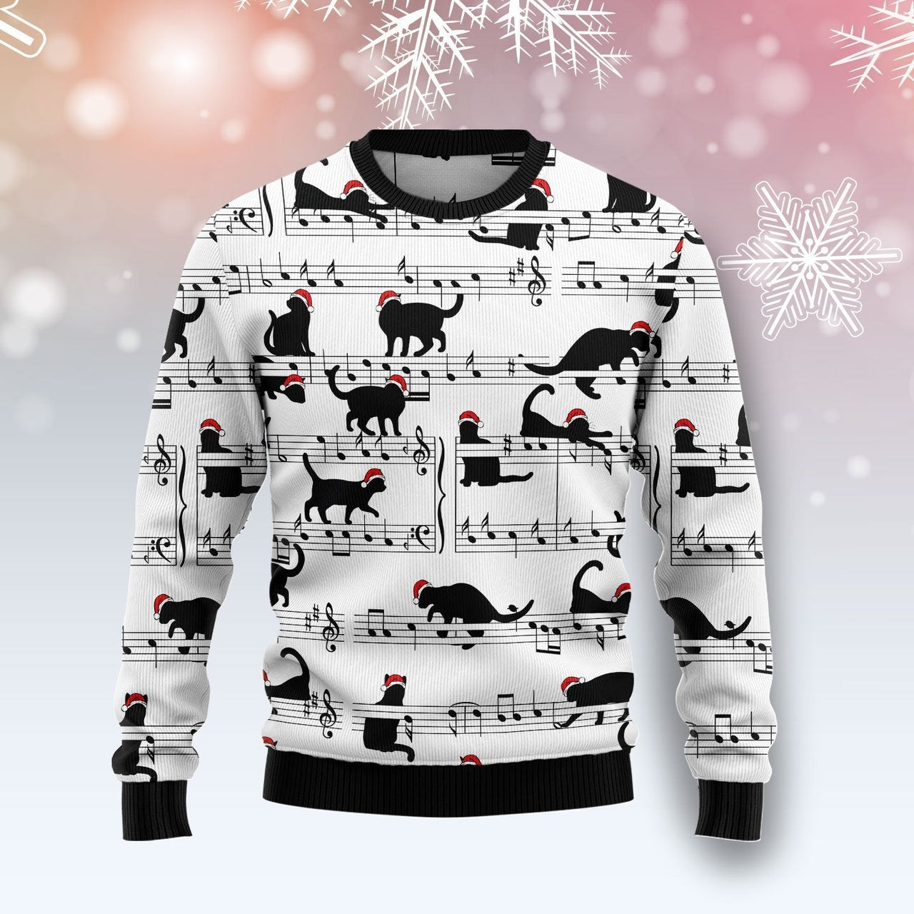Black Cat Music Ugly Christmas Sweater Winter Clothes Black Cat Themed For Music Lover