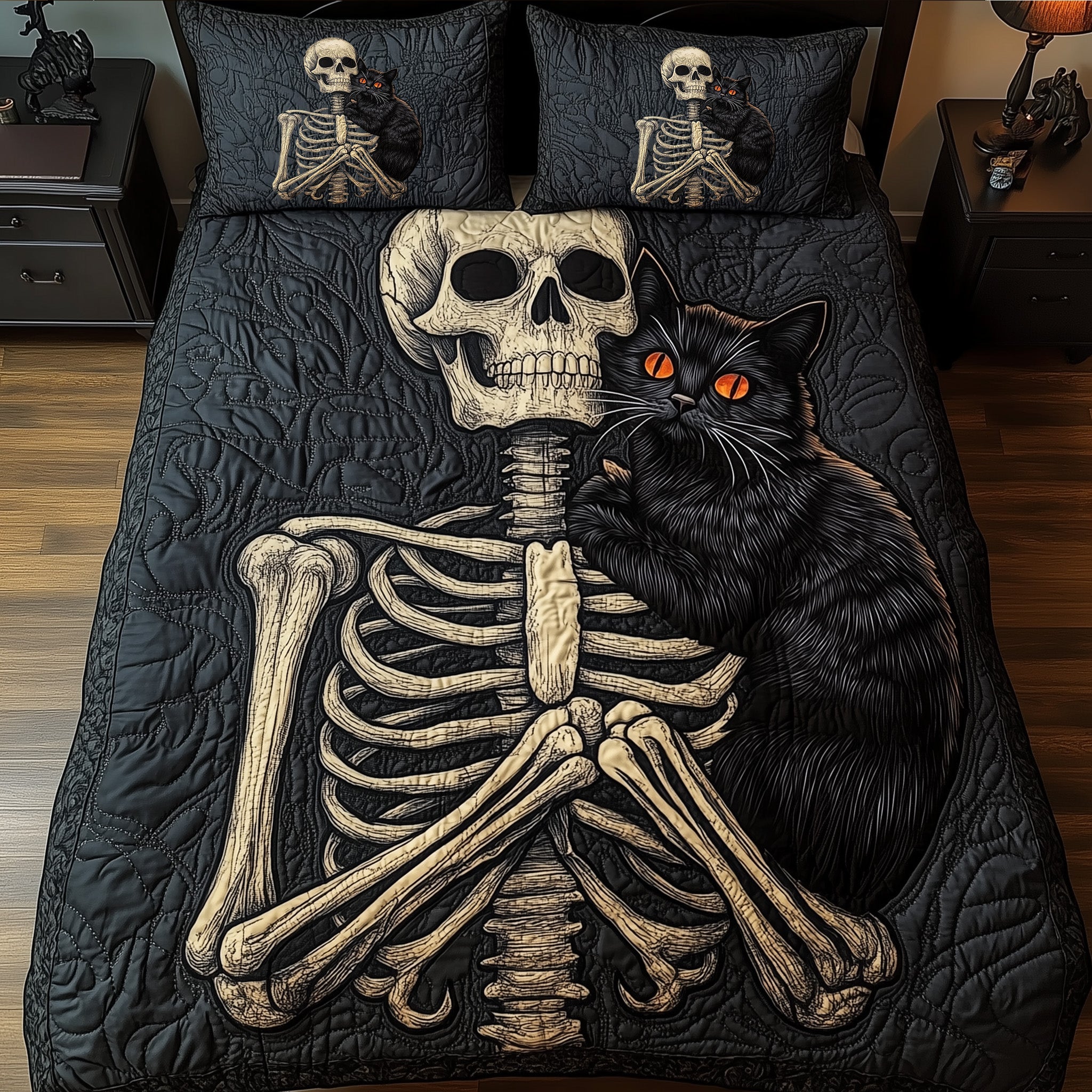 Black Cat Mystic Skull Quilted Bedding Set Duvet Cover Skeleton Halloween Gifts For Friends