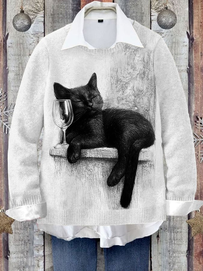 Black Cat Napping Near Wine Glass Sweater Cute Clothing Holiday Gift Ideas For Cat Lovers
