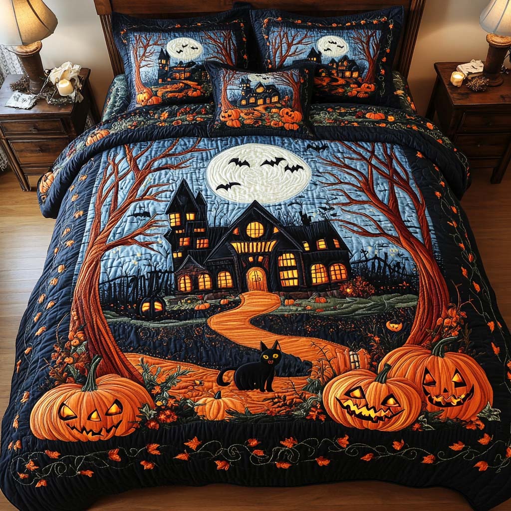 Black Cat Night Quilted Bedding Set Best Bed Sheet Set Spooky Gifts For Her