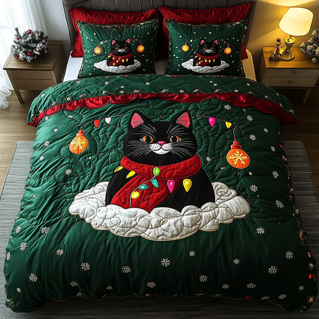 Black Cat Night Quilted Bedding Set Christmas Duvet Cover Gifts For Black Cat Lovers