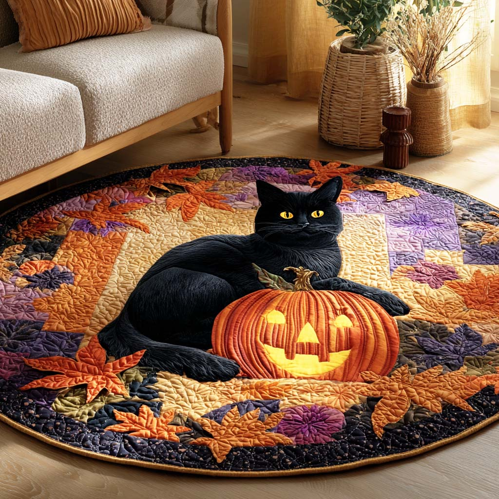 Black Cat Night Quilted Round Mat Holiday Round Mat Halloween Decor Spooky Gift for Grandma