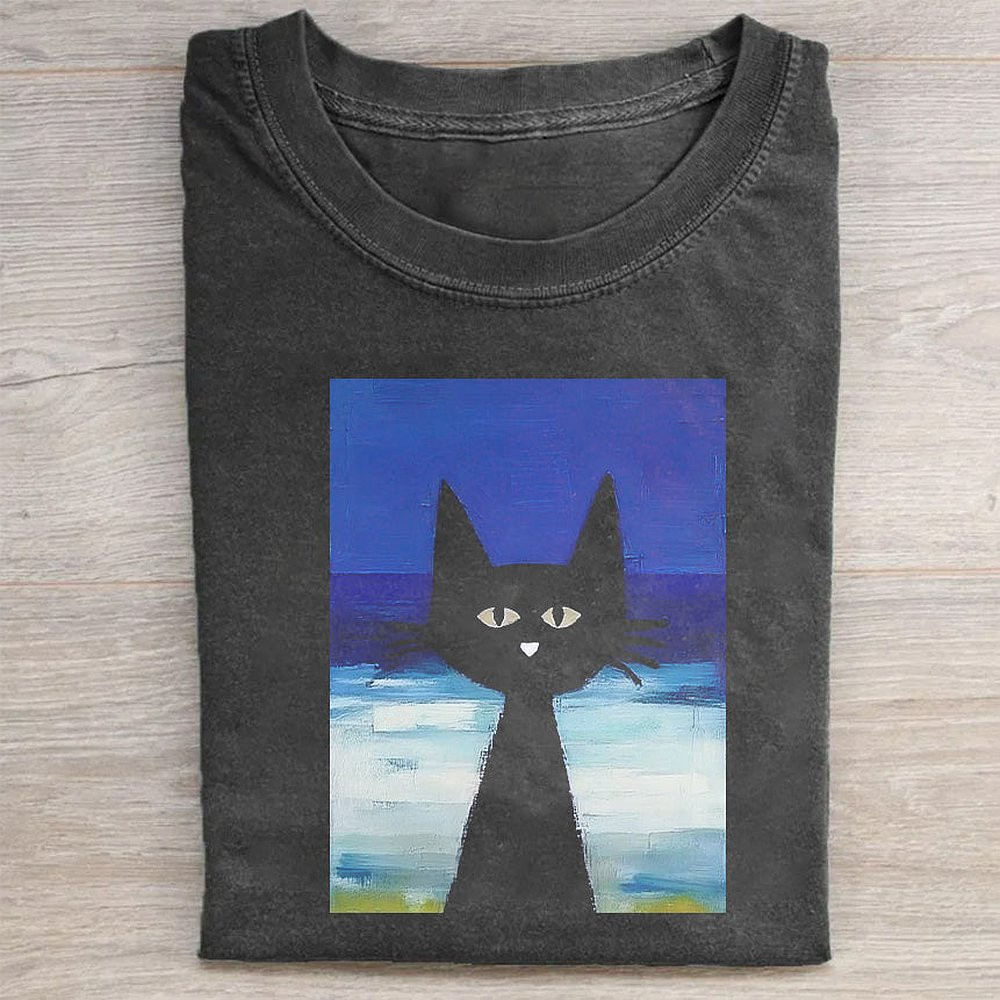Black Cat Ocean Art Graphic T-Shirt Artistic Cat Lover Tee For Men And Women