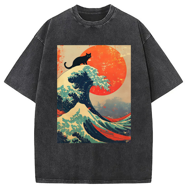 Black Cat On Great Wave Washed T-Shirt Funny Quote Unisex Shirt Gifts For Best Friend