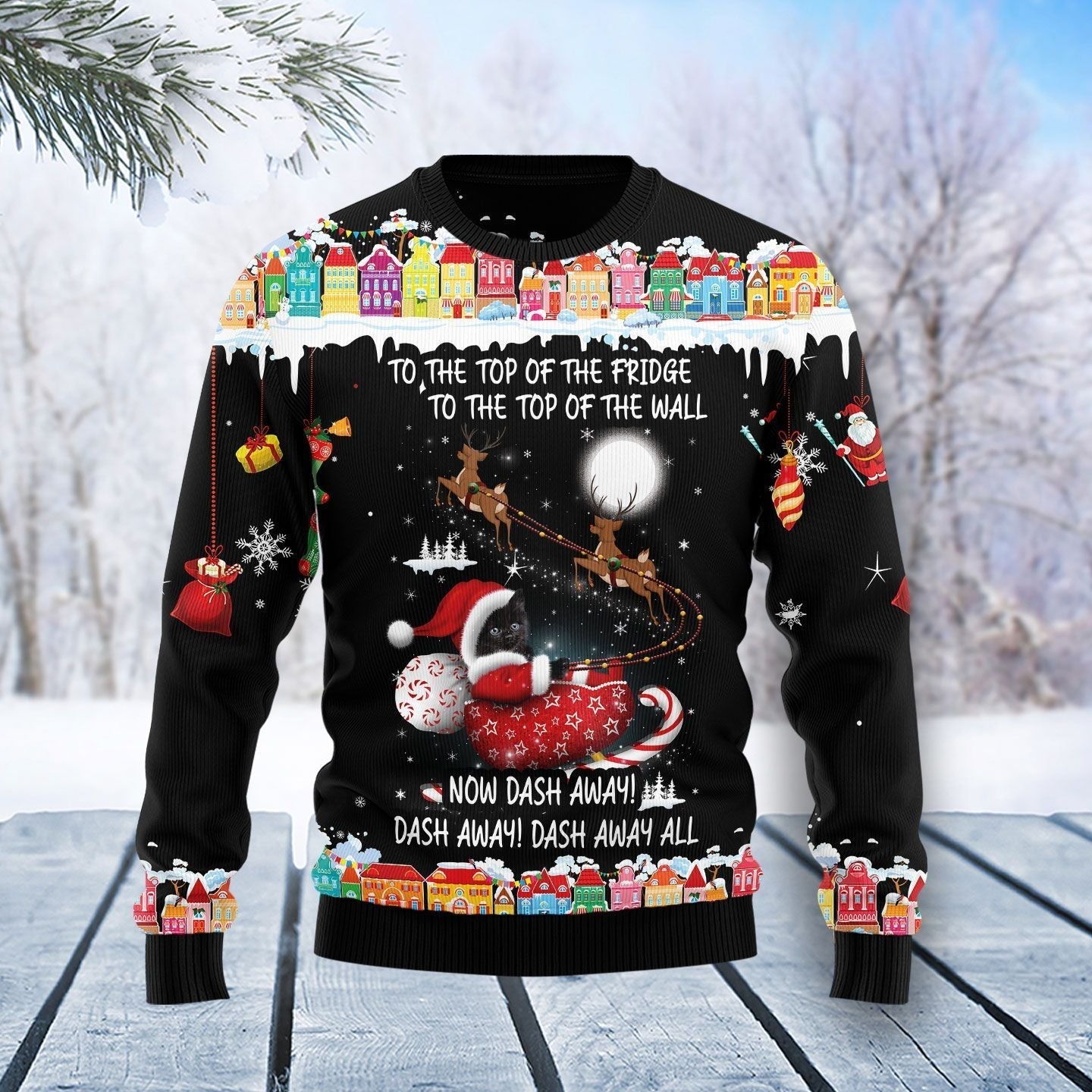 Black Cat On Sleigh Now Dash Away Ugly Christmas Sweater Merch Gift For Black Cat Owners