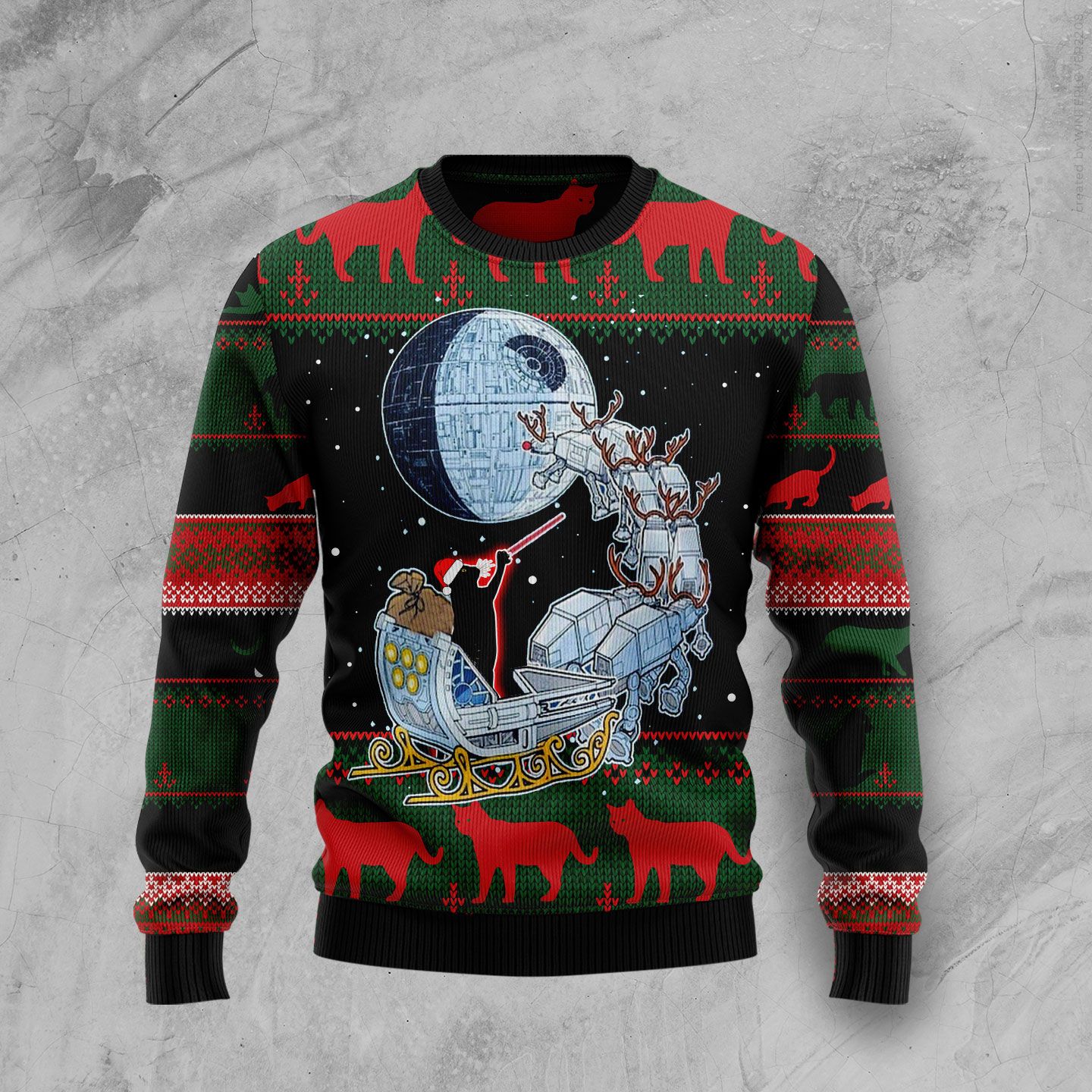 Black Cat On Sleigh To Death Star Ugly Christmas Sweater Funny Merch Black Cat Gifts