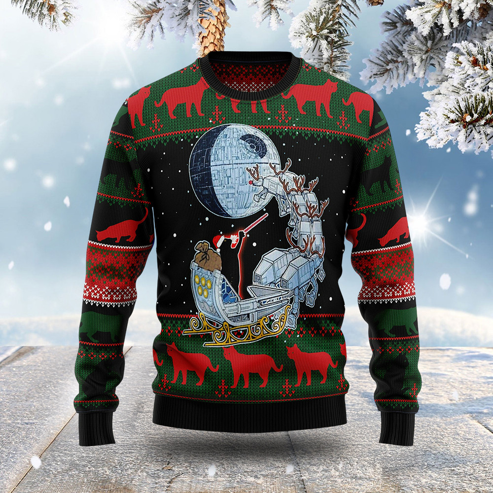 Black Cat On Sleigh Ugly Christmas Sweater Xmas Clothing Cat Lovers Presents