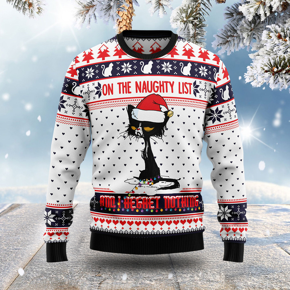 Black Cat On The Naughty List Ugly Christmas Sweater Holiday Clothing Gifts For Him