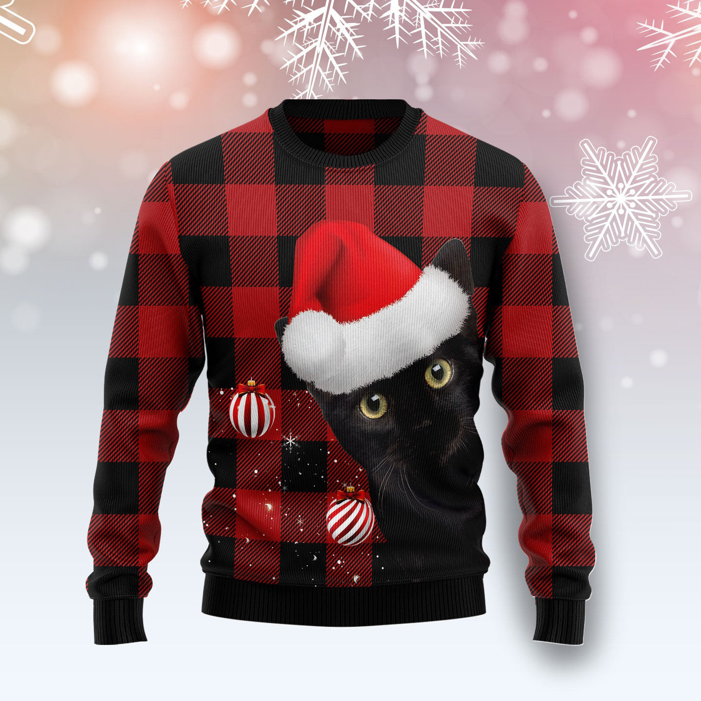 Black Cat Plaid Pattern Ugly Christmas Sweater Festive Clothing Cat Owner Christmas Gifts