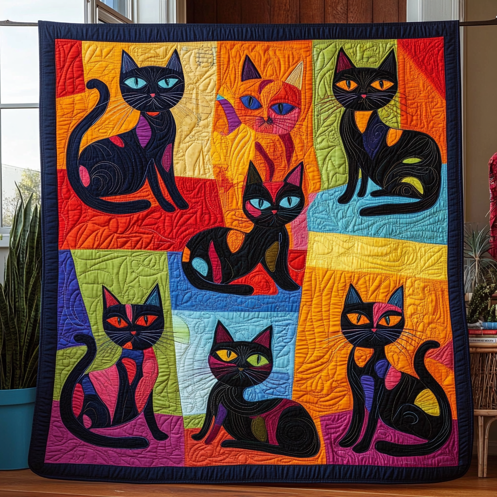 Black Cat Playing Quilted Blanket Cute Blankets For Her