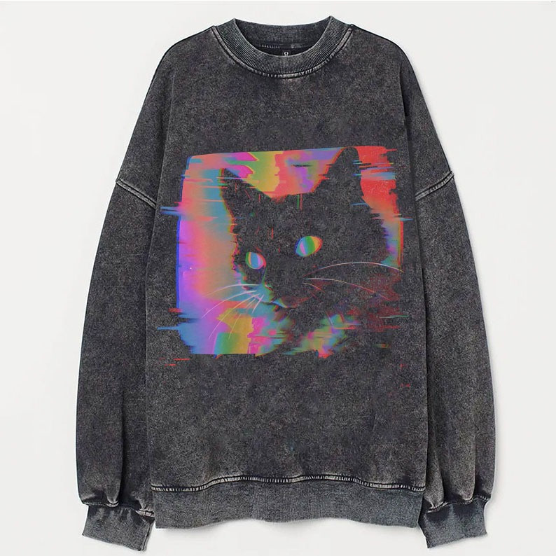 Black Cat Psychedelic Weirdcore Sweatshirt Aesthetic Xmas Holiday Gifts For Cat Lovers