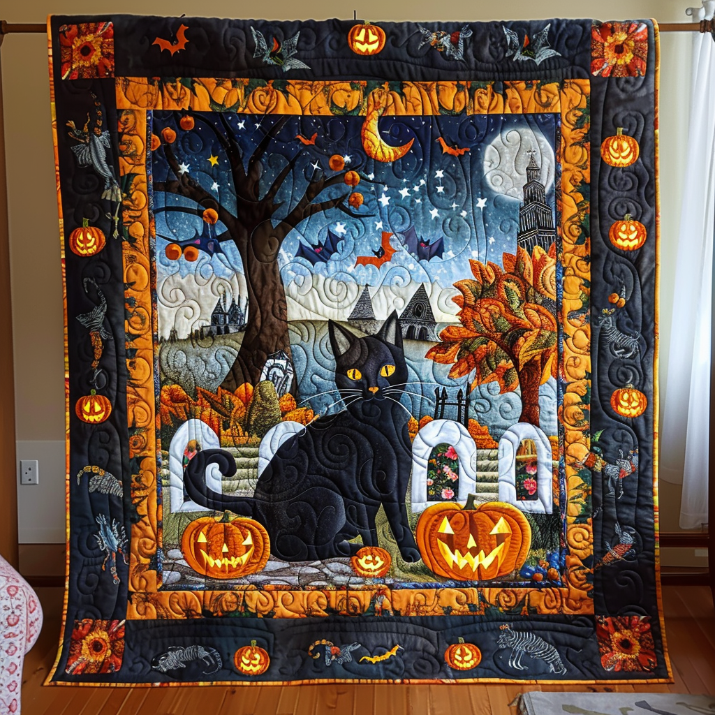 Black Cat Pumpkin Quilted Blanket Unique Gifts For Cat Lovers