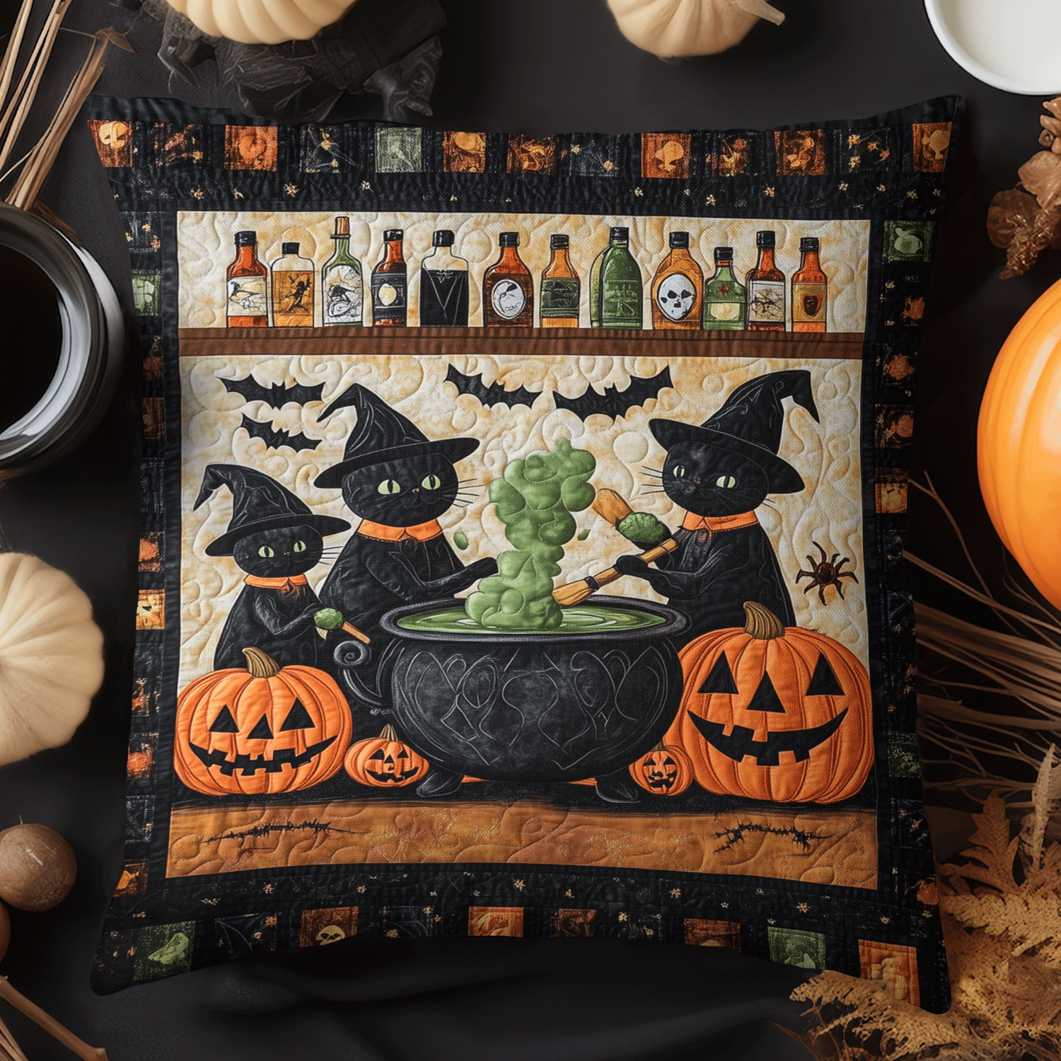 Black Cat Quilted Pillow Case Seasonal Holiday Pillow Cover