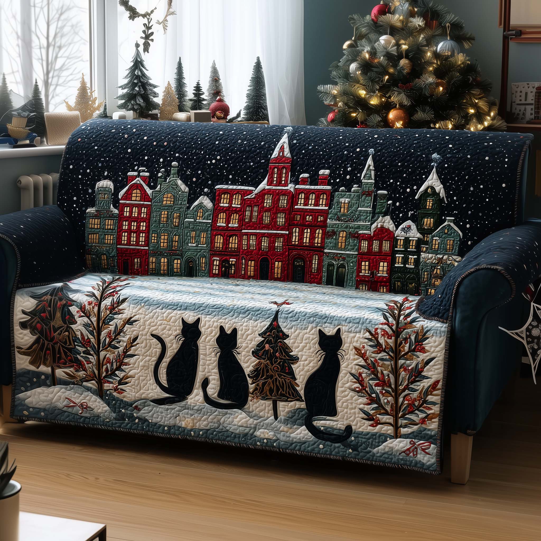 Black Cat Quilted Sofa Cover Elegant Black Feline Protector Kitten Christmas Presents