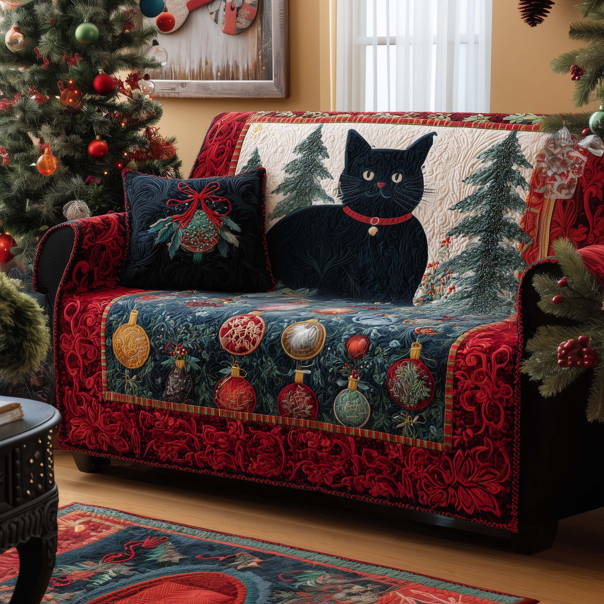Black Cat Quilted Sofa Cover Lucky Black Cat Silhouette Kitten Christmas Presents