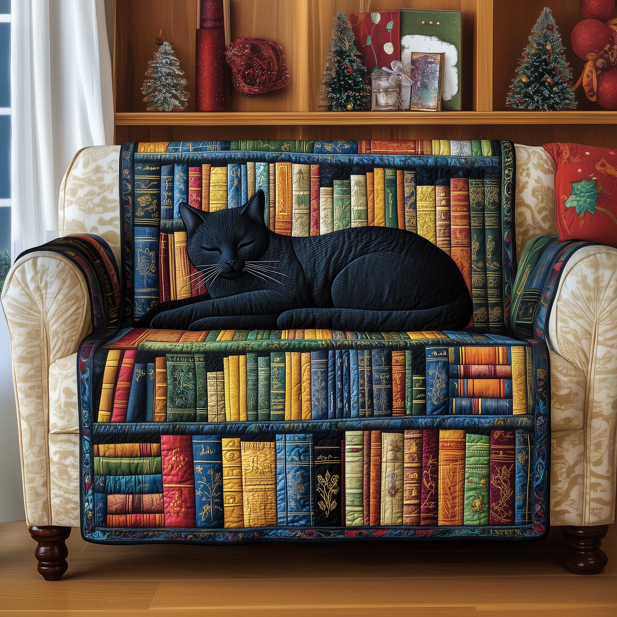 Black Cat Quilted Sofa Cover Mysterious Feline Gaze Kitten Christmas Presents