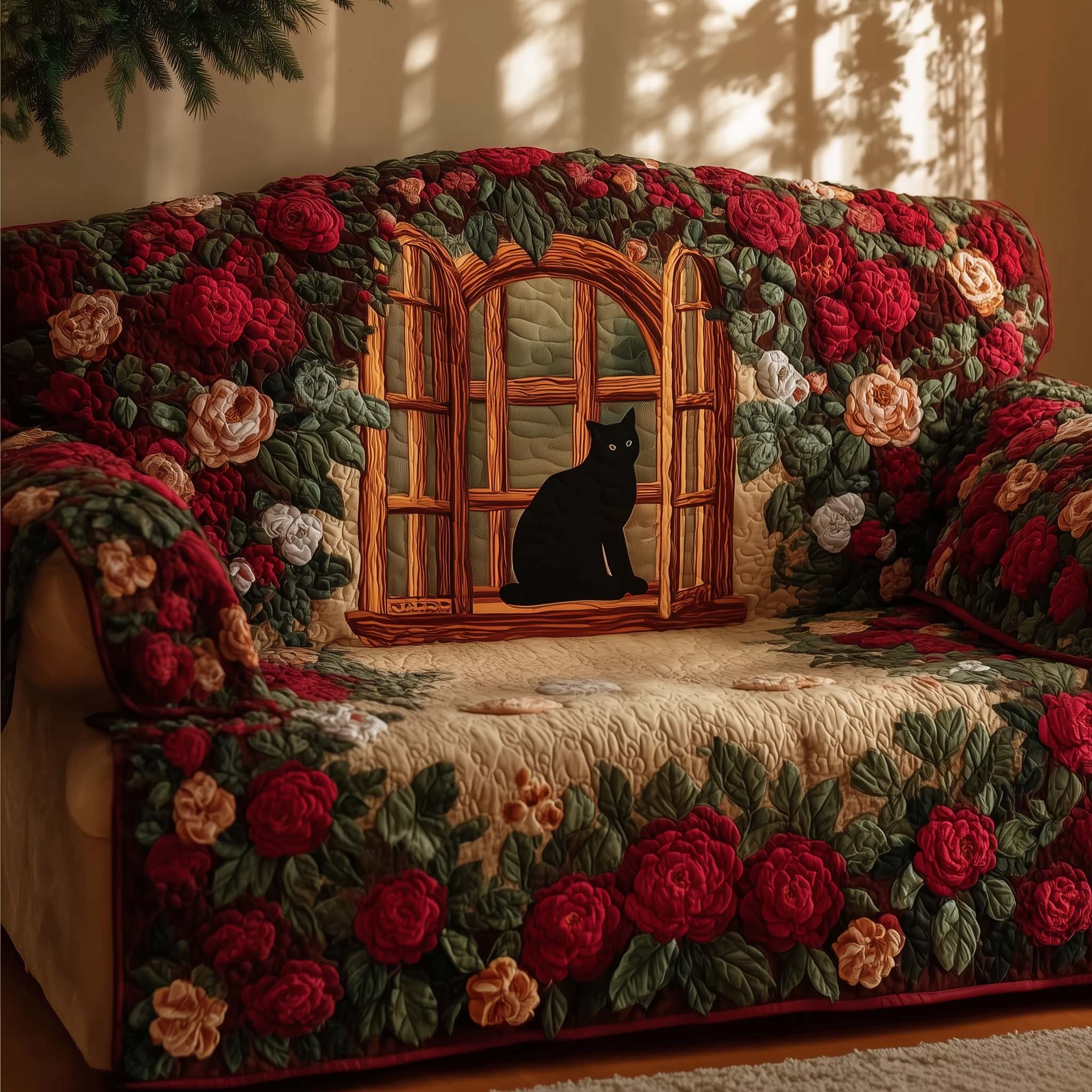 Black Cat Quilted Sofa Cover Mysterious Feline Silhouette Kitten Christmas Presents