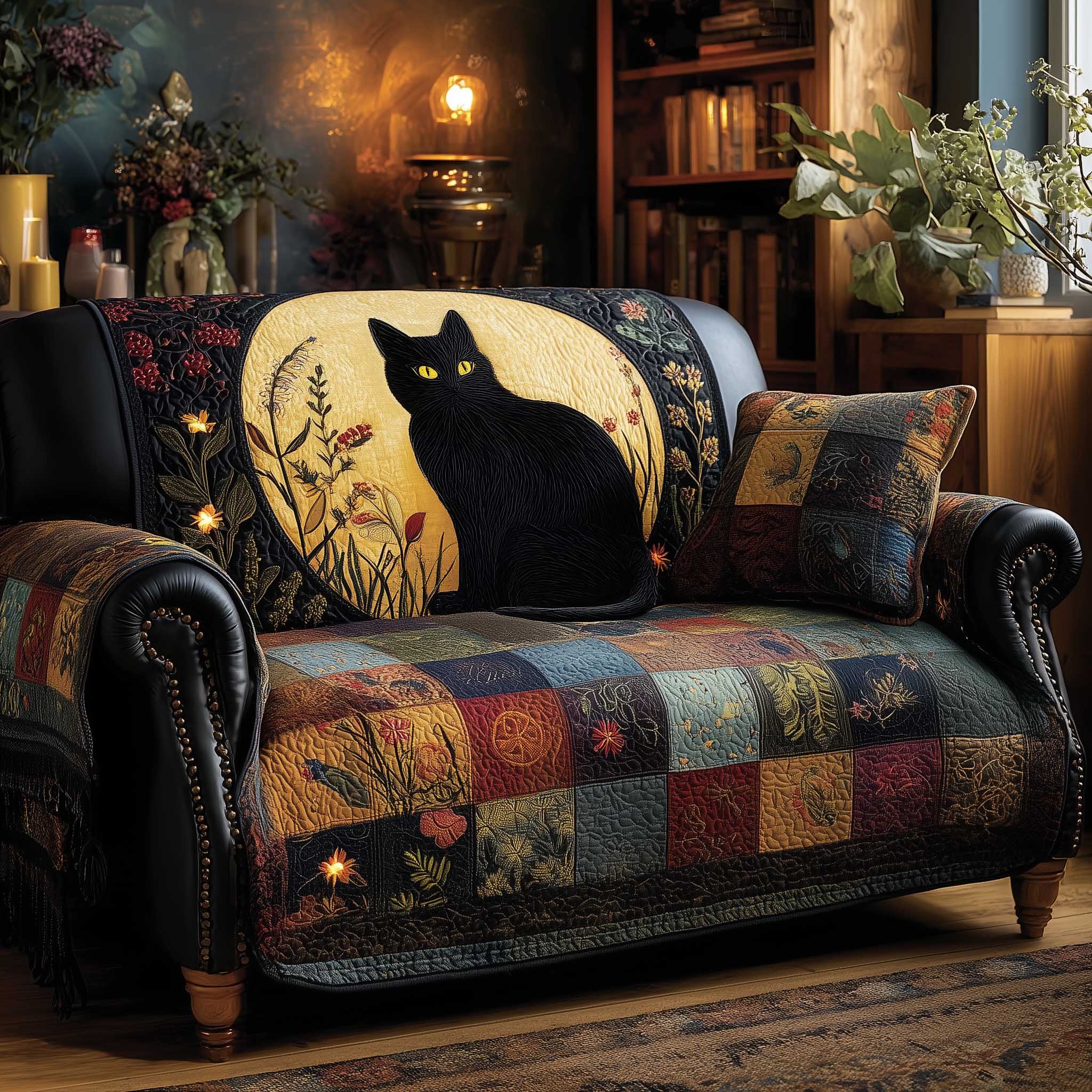 Black Cat Quilted Sofa Cover Sleek Dark Cat Silhouette Kitten Christmas Presents