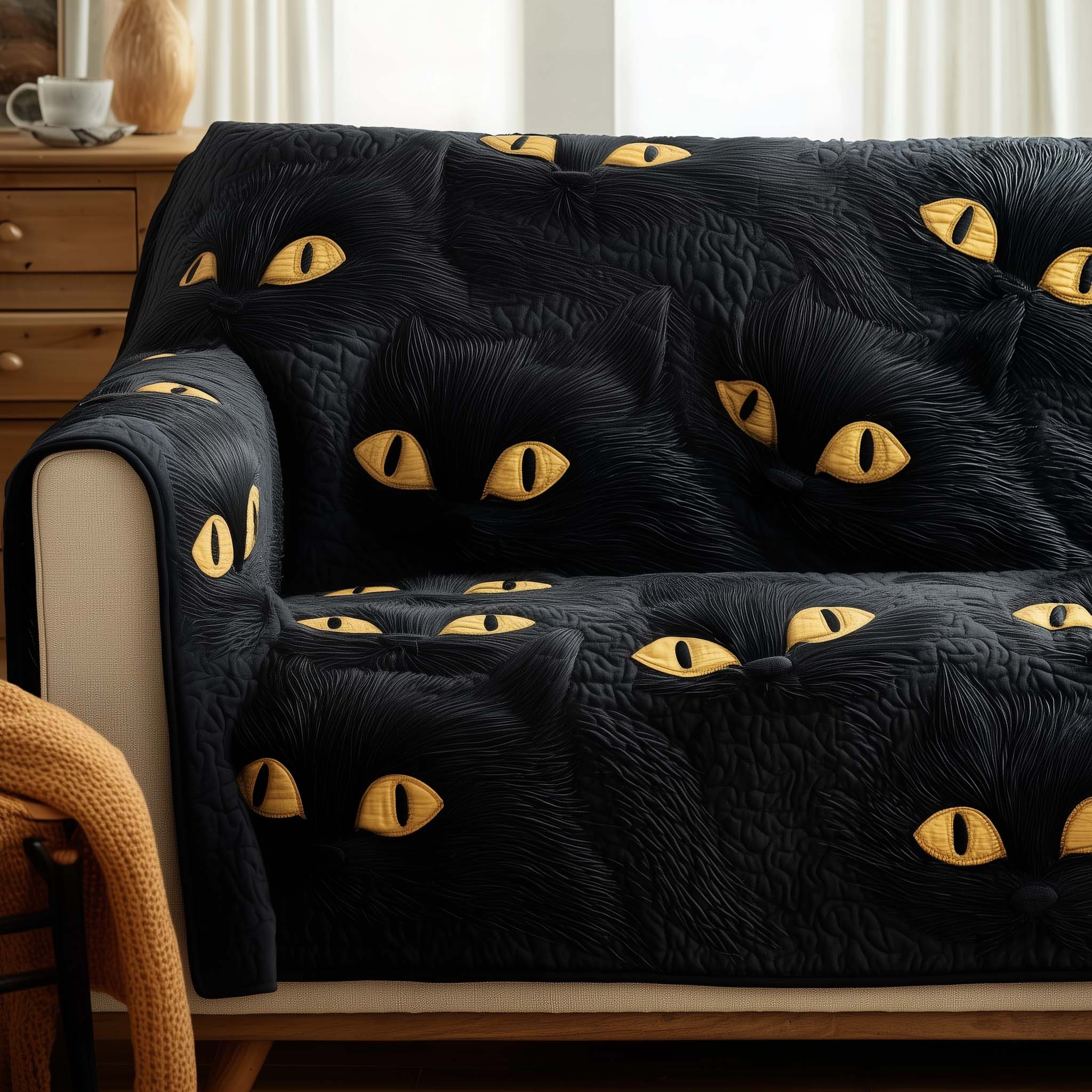 Black Cat Quilted Sofa Cover Spooky Cat Eyes Sofa Throw Kitten Christmas Presents