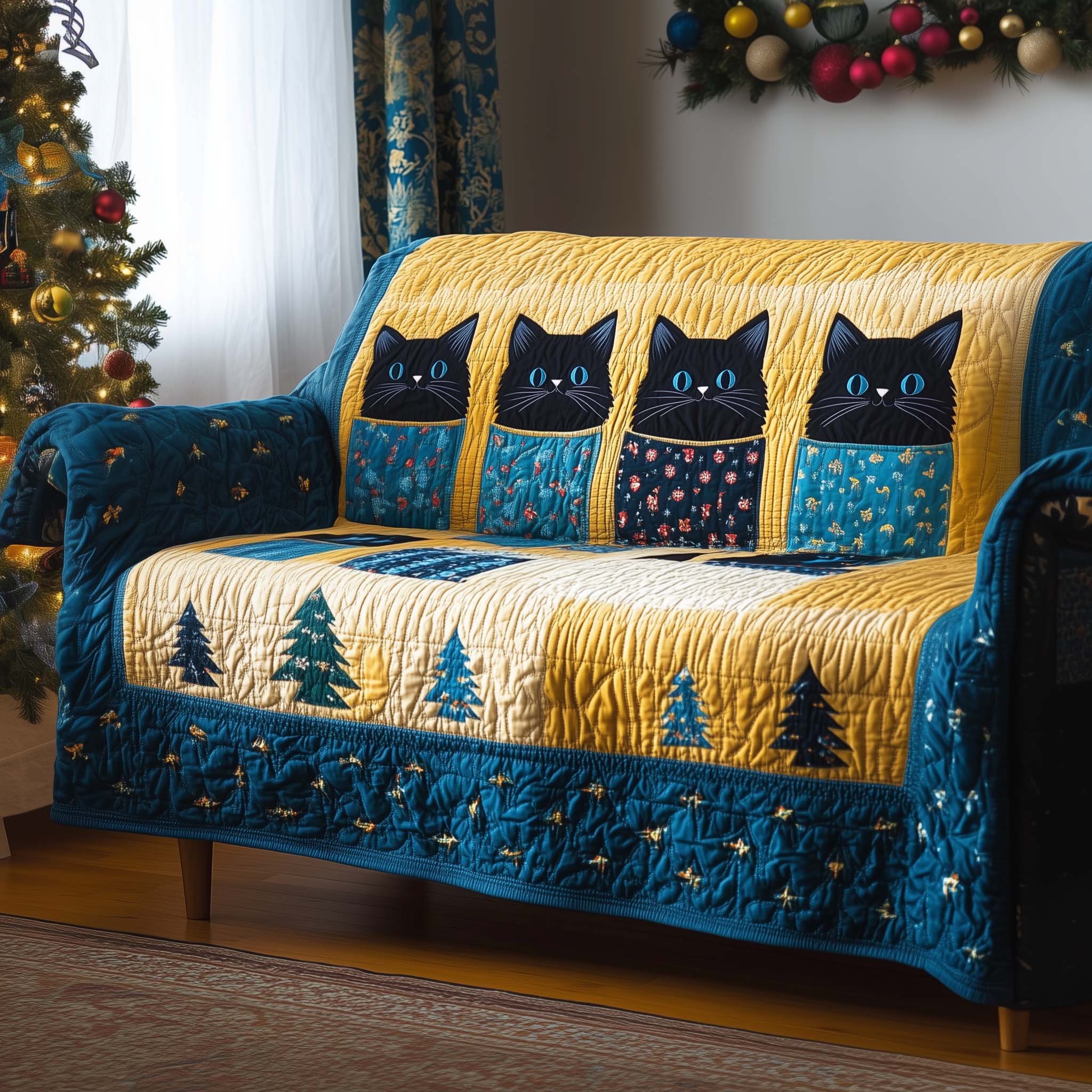 Black Cat Quilted Sofa Cover Witch's Cat Companion Motif Kitten Christmas Presents